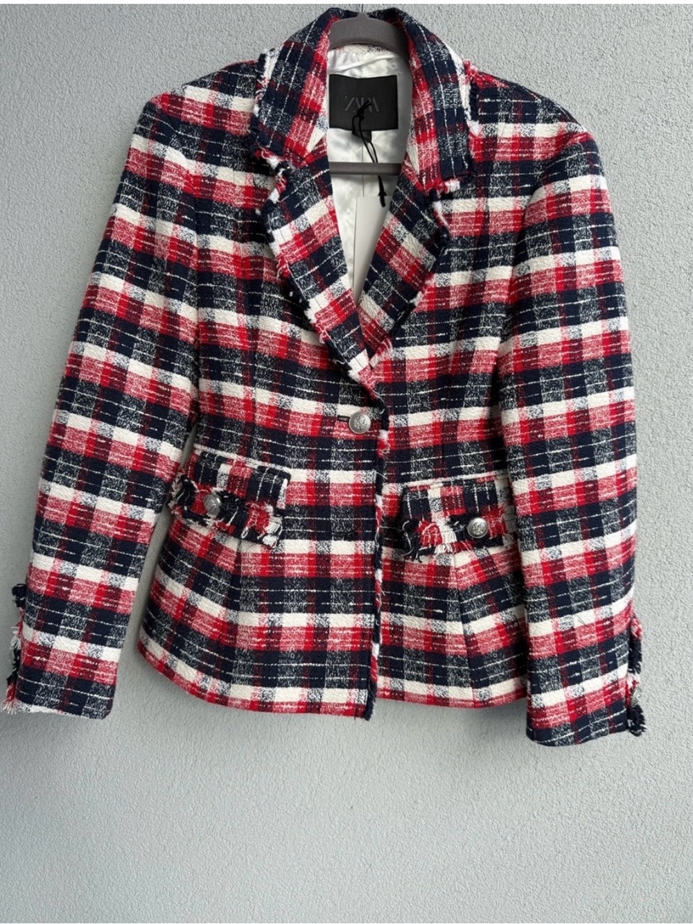 Zara Red, Navy & White Plaid Tweed Blazer